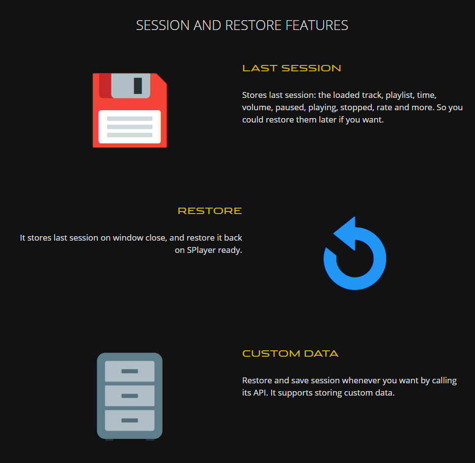 splayer features: session and restore